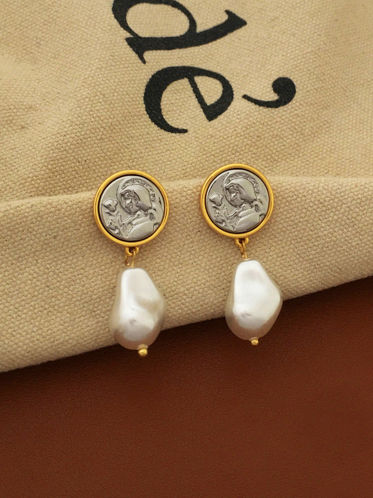 [DF] Pendientes de cabeza humana retro personalizados con aguja de plata S925 de diseño independiente, pendientes de perlas irregulares creativos