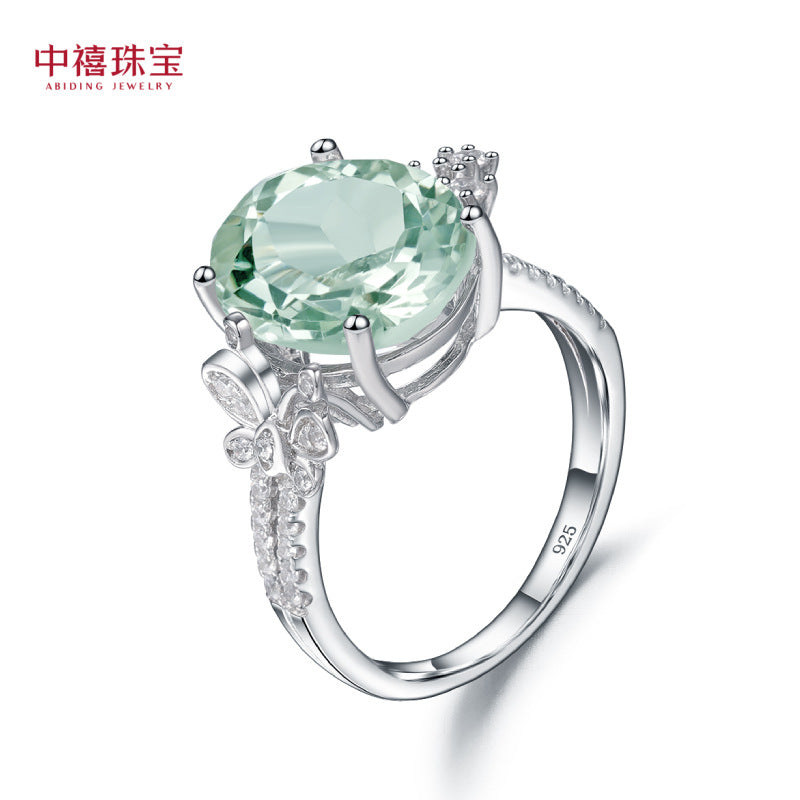 Anillo de amatista verde natural de plata S925 con diseño personalizado y anillo de tesoro de color natural con incrustaciones de piedras preciosas de lujo y luz de moda