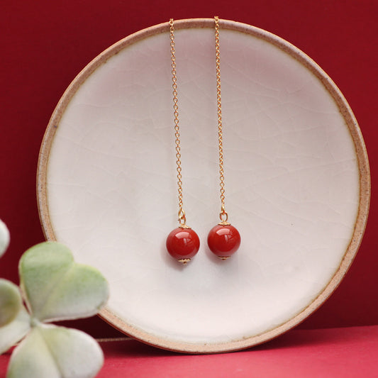 Natural South Red Onyx Ear Thread Red Transport Bead Earrings S925 Silver Earrings