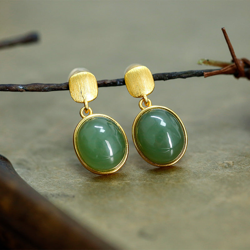 Pendientes con forma de huevo de jade azul con incrustaciones de oro y baño de plata S925, exquisitos y sencillos