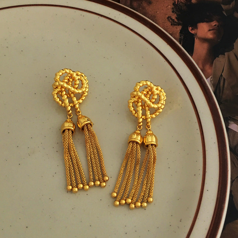 [DF]Copper plated genuine gold S925 silver needle creative knot design earrings with vintage thread tassel earrings and long earrings