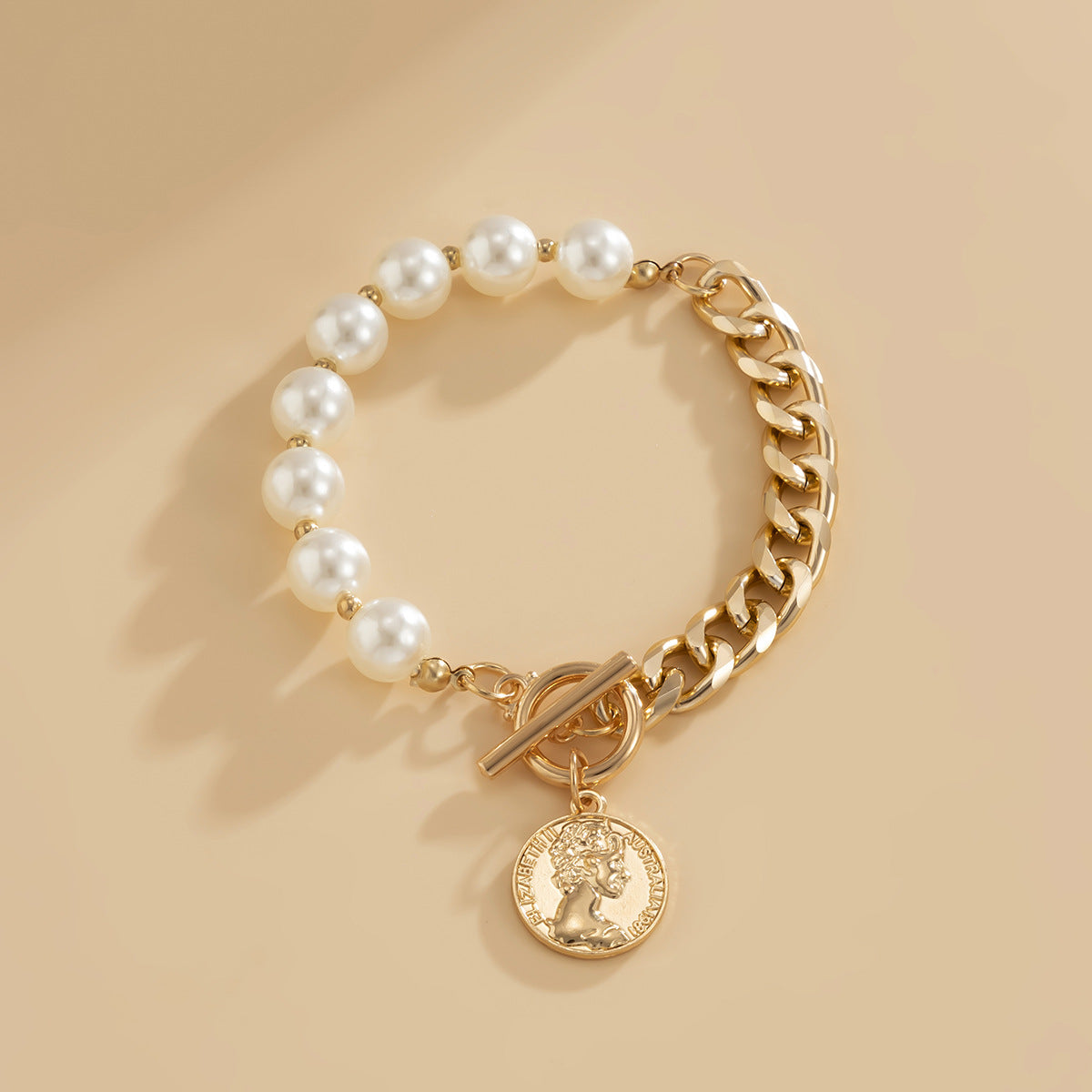 [DF] perle rétro, coeur de pêche, bracelet de lune, bracelet pendentif tête de reine en métal simple pour femmes