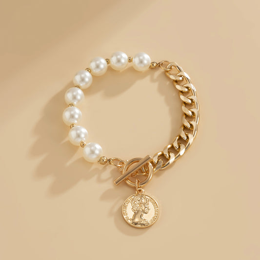 [DF] perle rétro, coeur de pêche, bracelet de lune, bracelet pendentif tête de reine en métal simple pour femmes