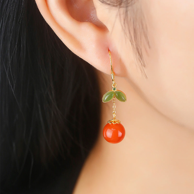 S925 Silver Inlaid Jade South Red Earrings Earhook Red Apple Design