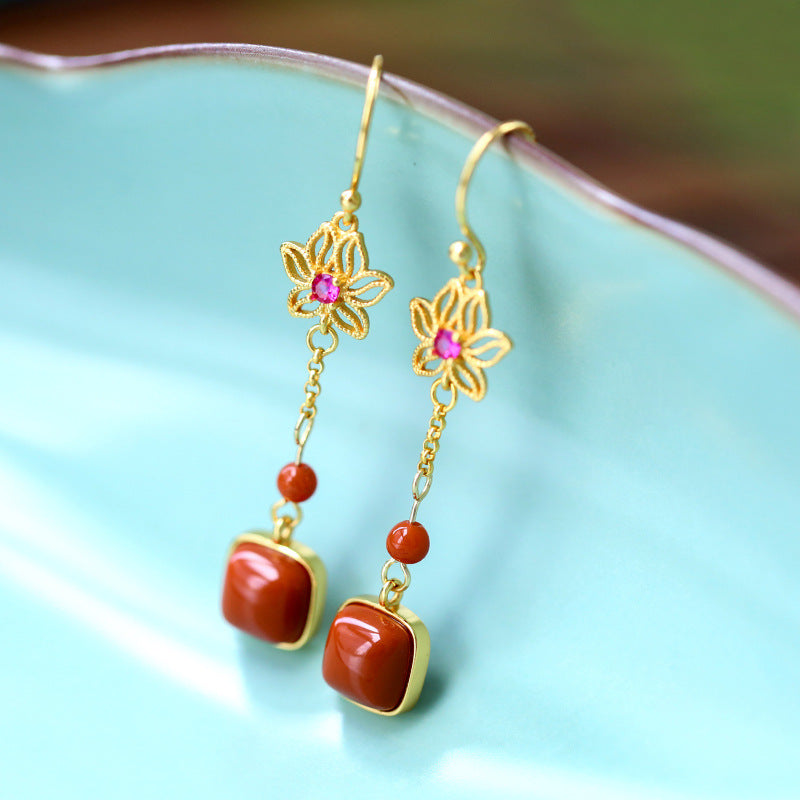 S925 silver-plated inlaid South Red Agate flower with exquisite and elegant earrings