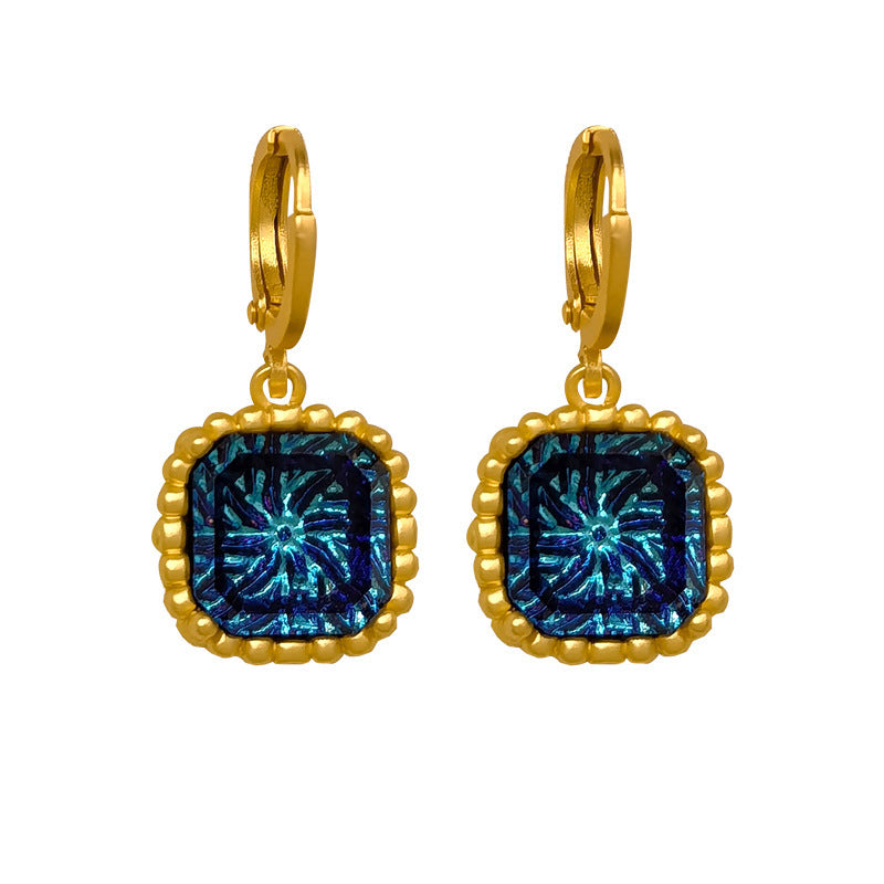 [DF]Copper plated genuine gold, exaggerated irregular patterns in Europe and America, blue earrings, personalized antique style, geometric square earrings