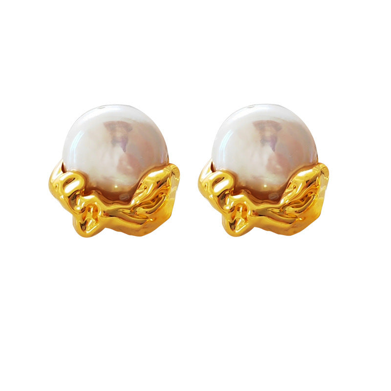 [DF]Copper plated gold retro cultured pearl earrings simple irregular geometric earrings temperament trendy earrings.