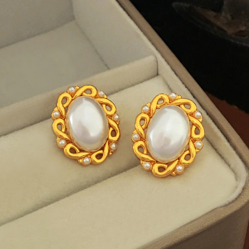 [DF]Original S925 silver needle retro hollow pearl earrings temperament oval earrings elegant palace wind earrings