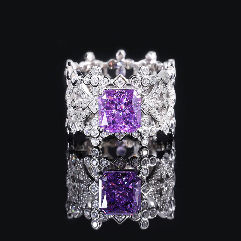 S925 Full body Silver High Carbon Diamond Hollow Diamond Set Women's Ring Main Stone 8 * 8