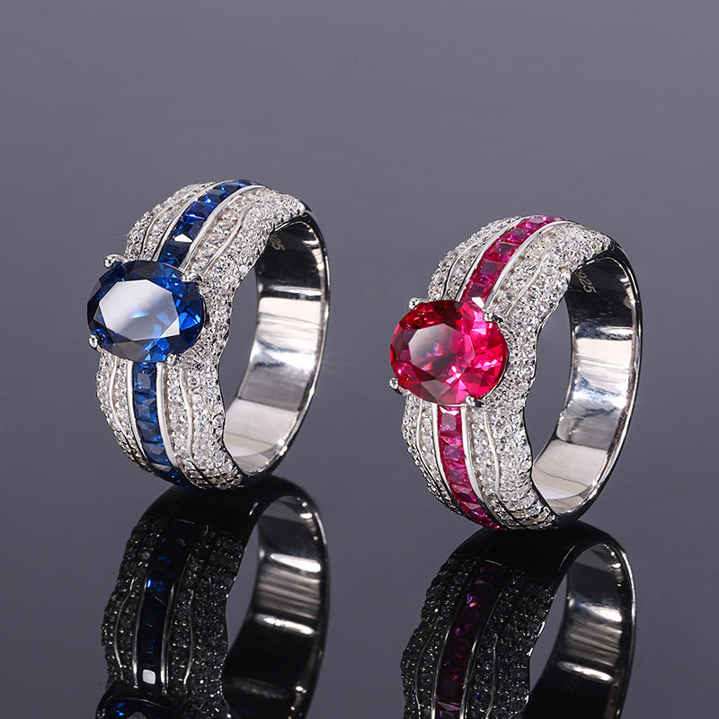 S925 All body Silver Simulated Colorful Treasure Small and Popular Design Retro Ring Female Lead Stone 7 * 9