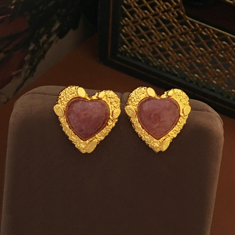 [DF] Pendientes de botón con forma de corazón de amor de piedra natural rosa suave con temperamento de aguja de plata S925 originales, pendientes de nicho de estilo Hong Kong de primera calidad