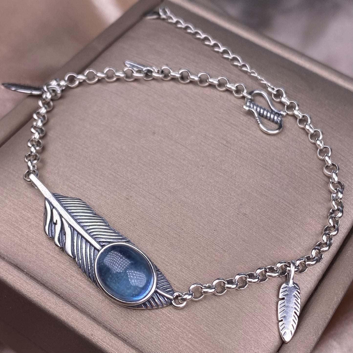 Aquamarine bracelet s925 silver inlaid retro old feather jewelry