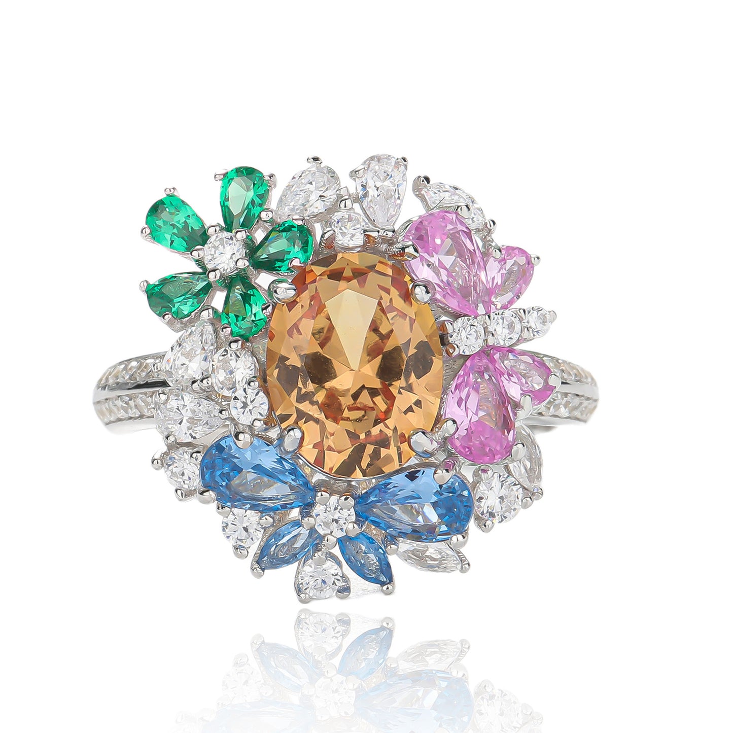 925 sterling silver gemstone ring with full diamond and high-end butterfly flower colored treasure ring