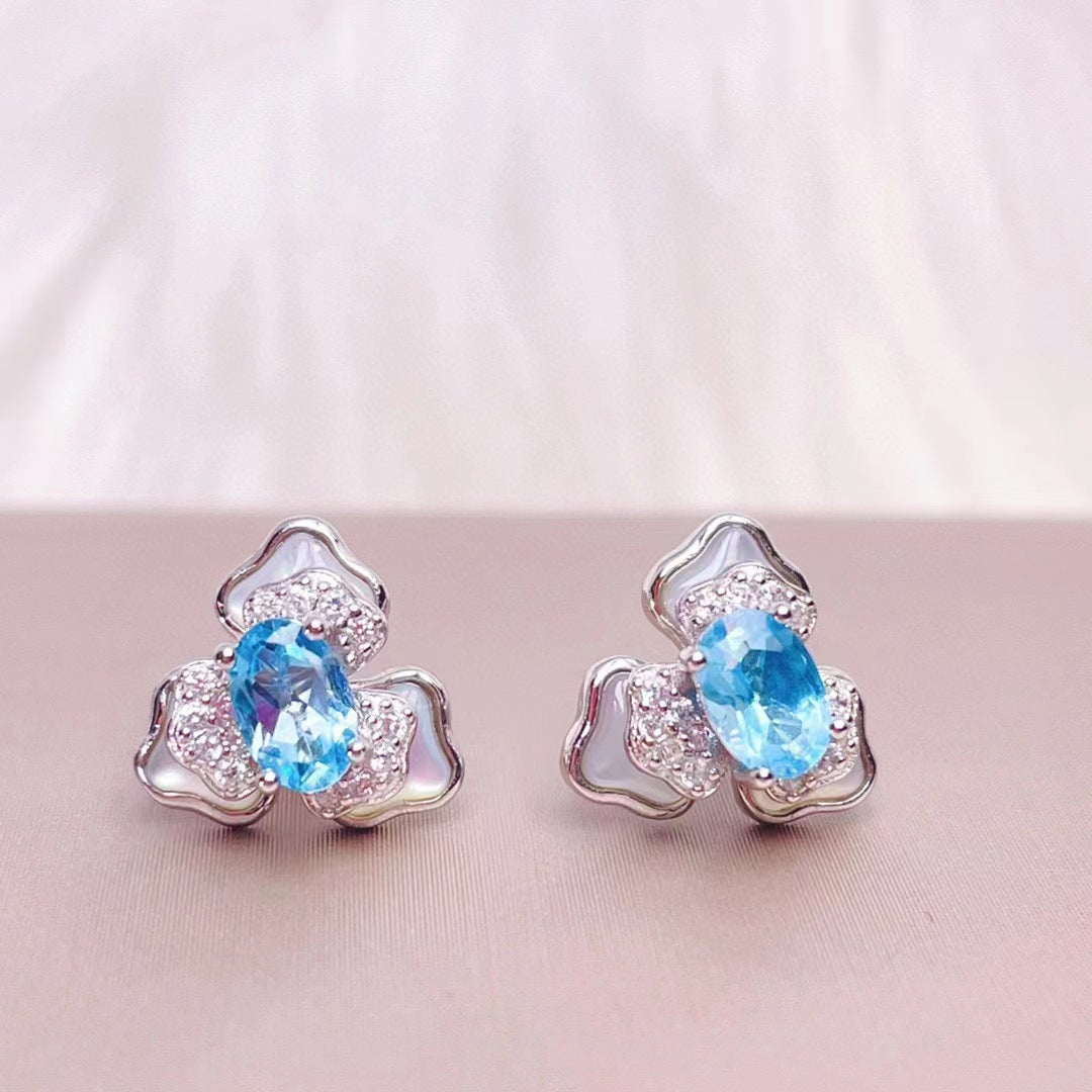 Pendientes de topacio blanco Fritillaria Pendientes de moda para mujer Joker con incrustaciones de plata S925 Topaz