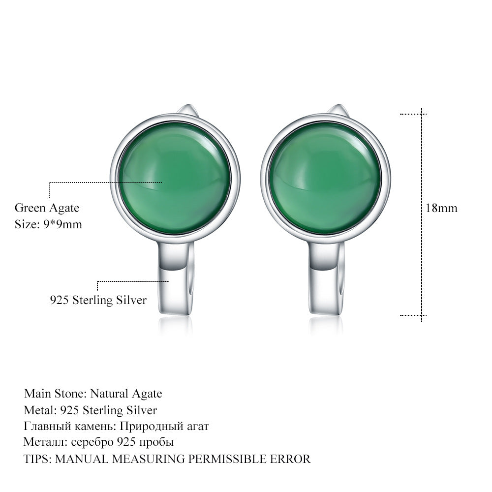 Fashionable and minimalist green agate jewelry set with s925 sterling silver inlaid natural color treasure rings and earrings, two-piece set