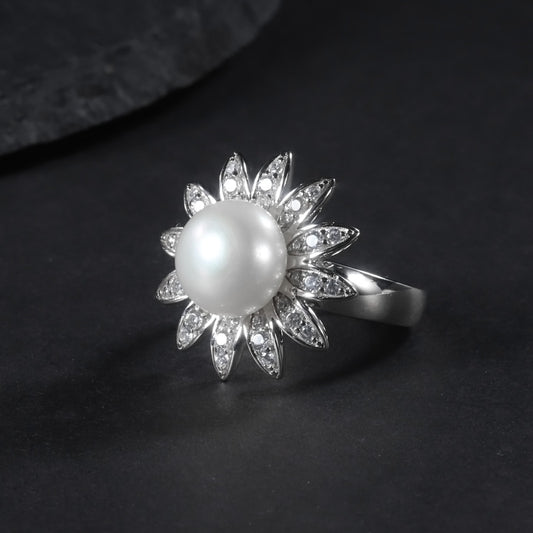 Bague en argent sterling S925 avec perle d'eau douce naturelle et motif tournesol, tempérament de luxe léger et bague de haute sensibilité