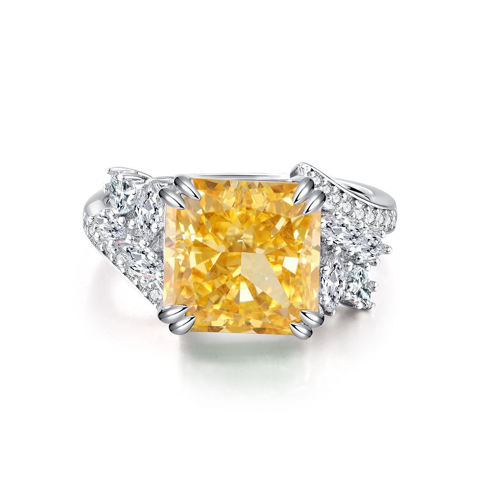 S925 Pure Silver Yellow Diamond Ring Women's Ice Flower 8A Zircon Ring Wedding Ring