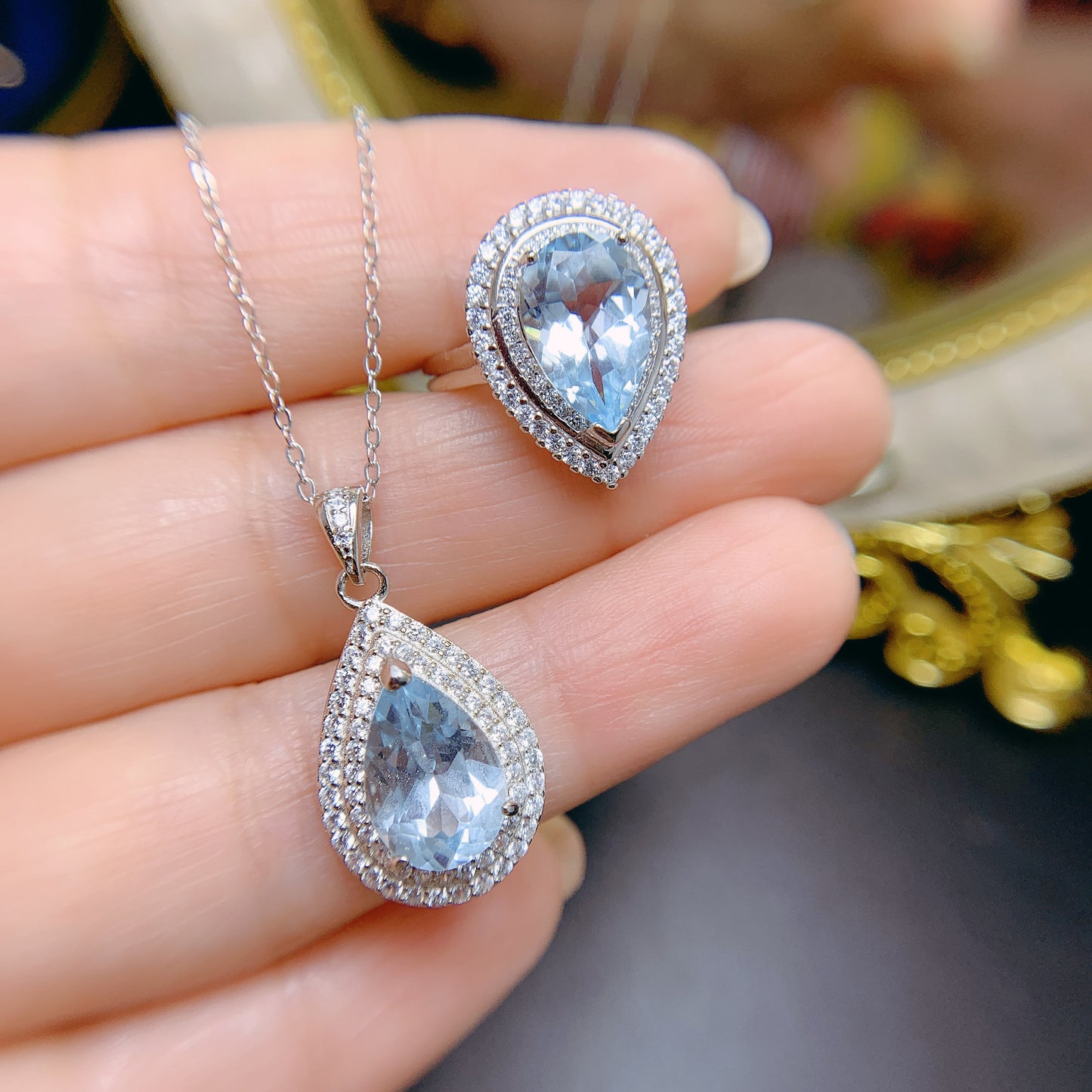 [DF]Natural Blue Topaz Ring and Pendant Set - Heart-shaped, 925 Silver, Collar Necklace