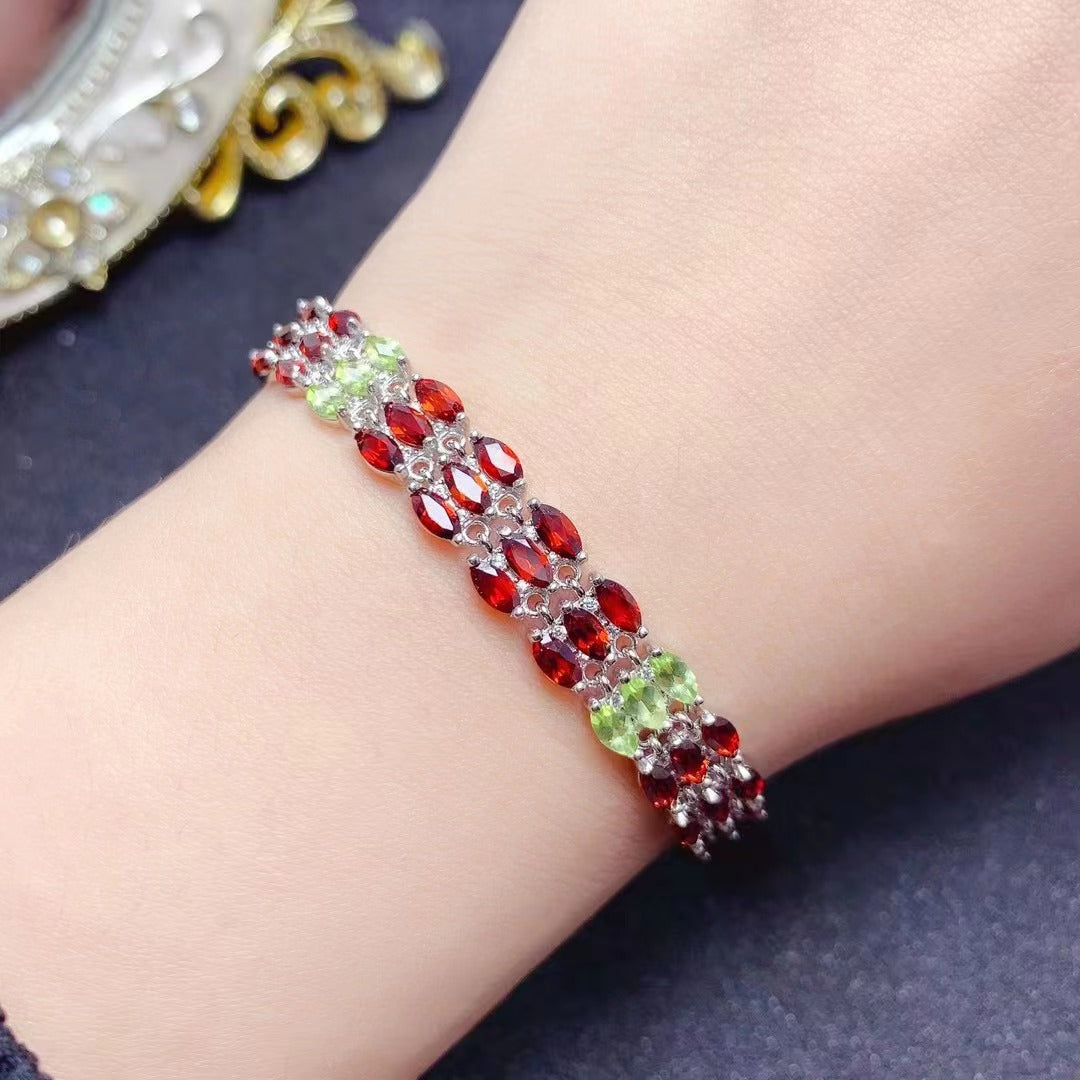 Natural Mozambique garnet peridot bracelet 925 silver inlaid