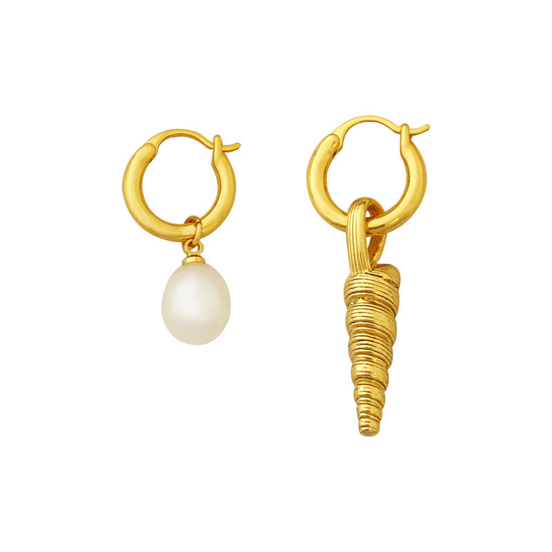 [DF] Boucles d'oreilles en cuivre plaqué or véritable européennes et américaines personnalisées rétro baroques en perles pour femmes boucles d'oreilles asymétriques petites et petites conques 