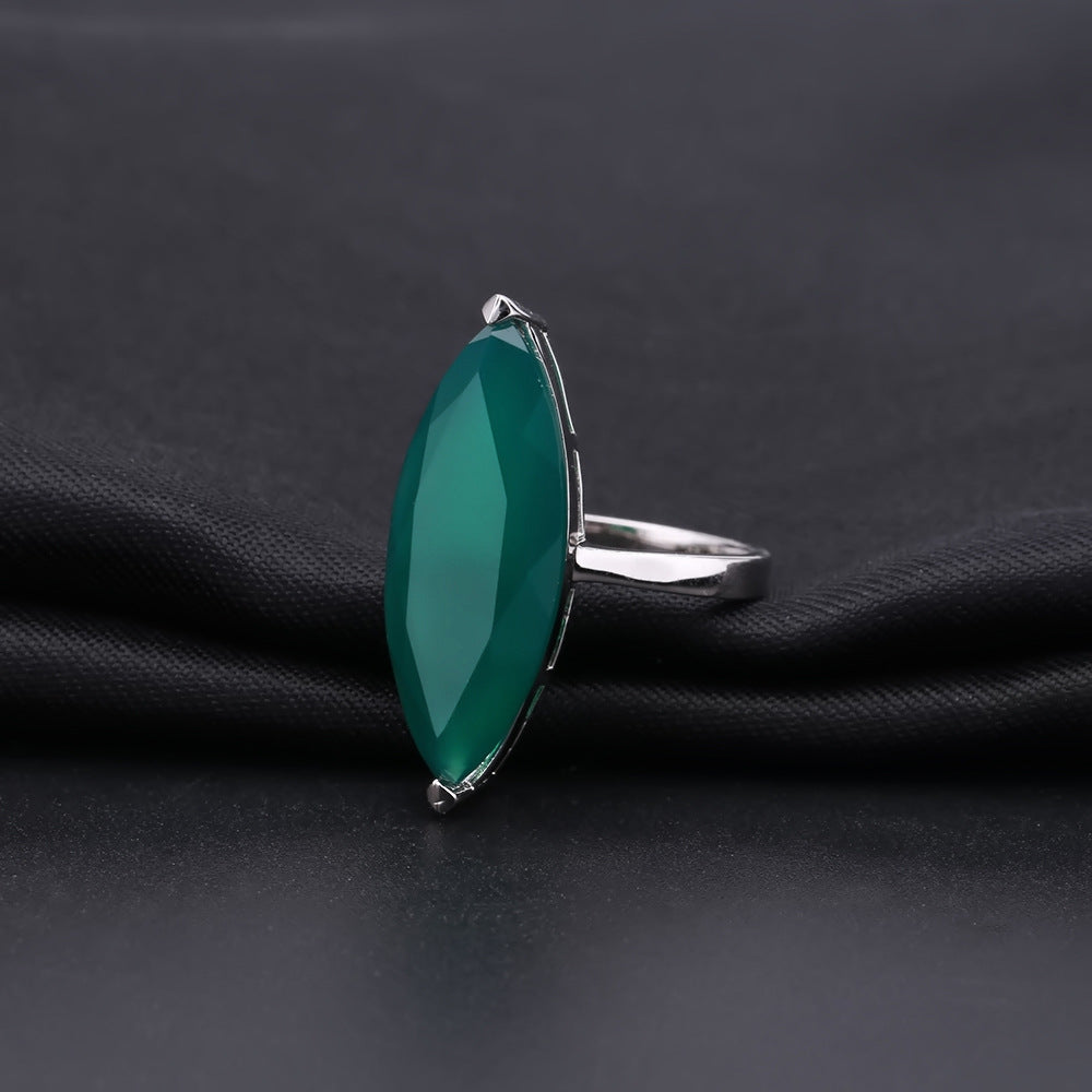 Marquise Gemstone Green Agate Ring Premium Fashion S925 Sterling Silver Inlaid Natural Colored Stone Ring