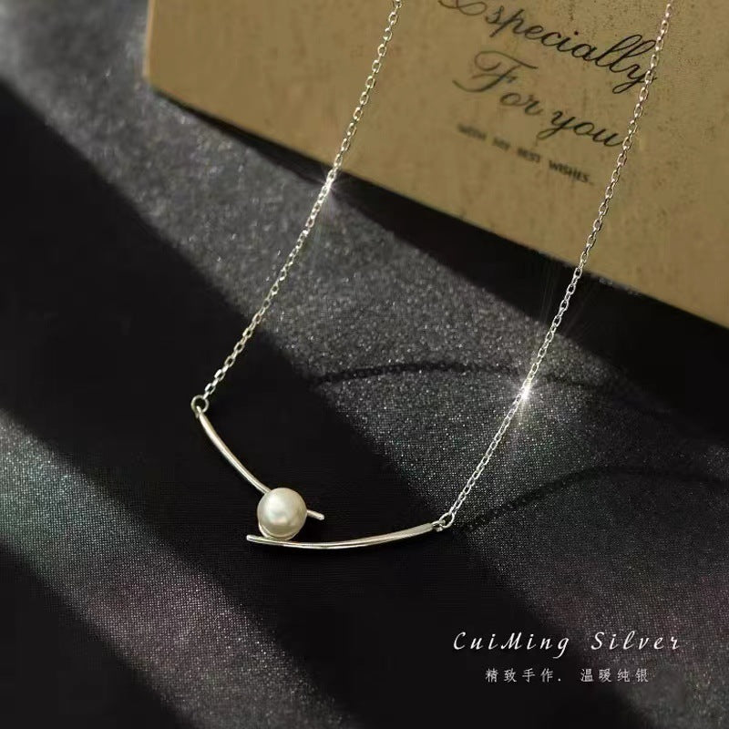 [DF]S925 Pure Silver Freshwater Pearl Geometric Cross Necklace - New Trendy Design with High-End Aesthetics, Light Luxury, and Unique Lock Collar Chain for Women