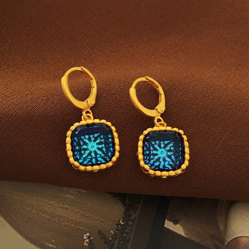 [DF]Copper plated genuine gold, exaggerated irregular patterns in Europe and America, blue earrings, personalized antique style, geometric square earrings