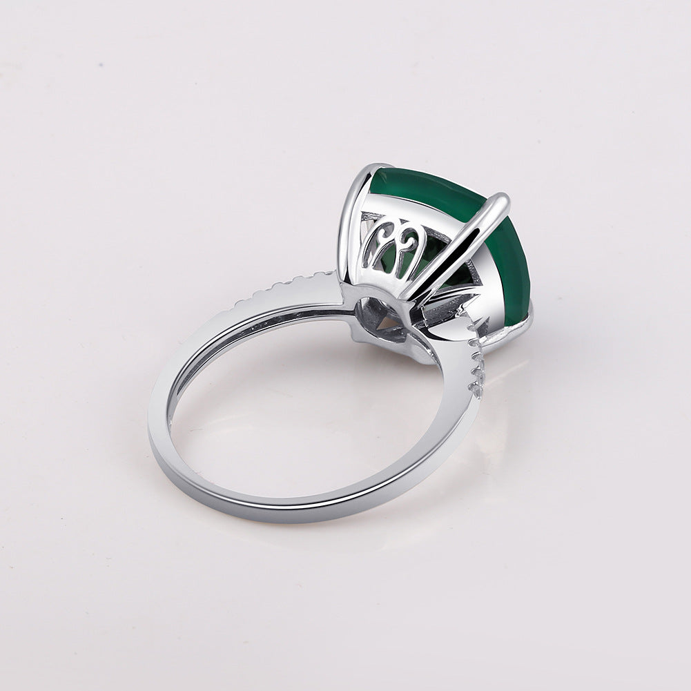 Natural green agate ring s925 sterling silver inlaid with big gem ring