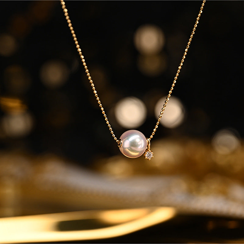 [DF]8-9mm Seawater Akoya Pearl Necklace with 18k Gold Accent Pendant - Classic and Versatile Fashion Statement