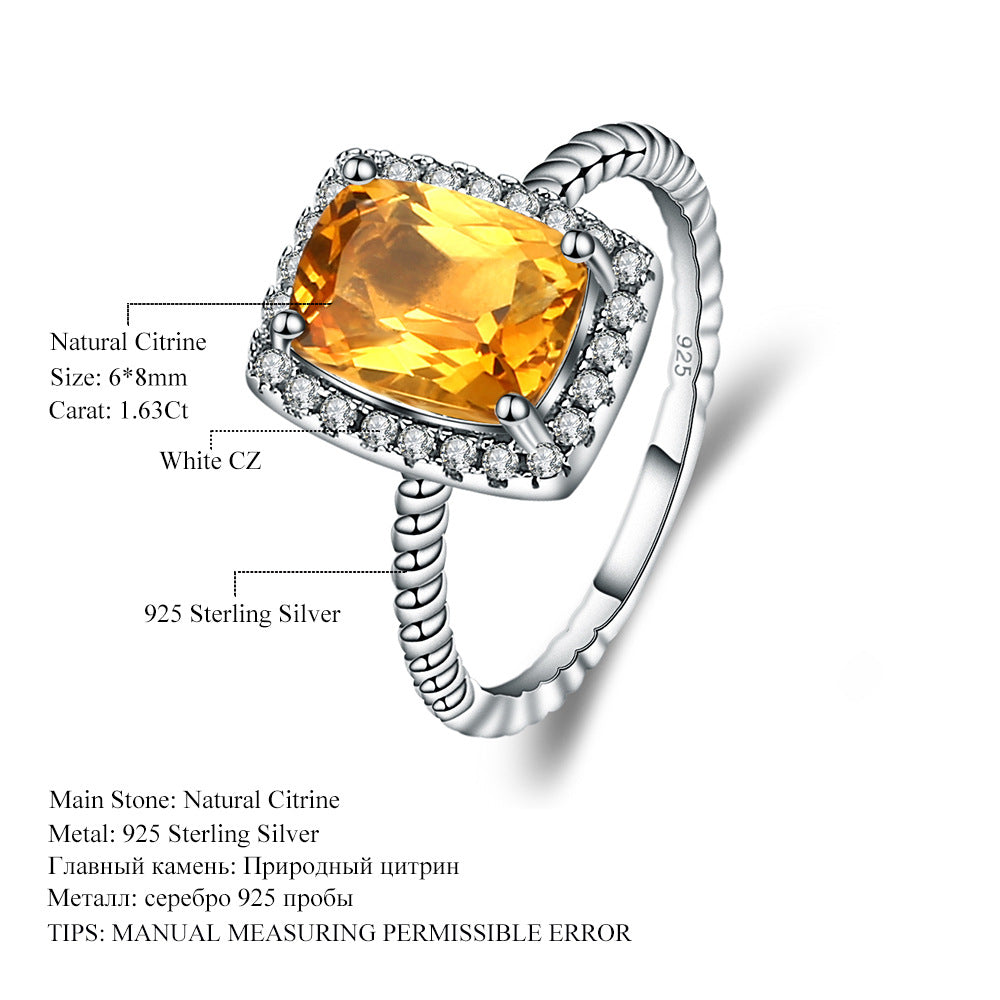 Bague au trésor de couleur naturelle de luxe légère avec tempérament personnalisé Bague en cristal jaune naturel incrusté en argent s925