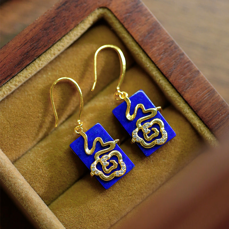 Boucles d'oreilles lapis-lazuli incrustées en argent sterling S925, avec tempérament, à la mode