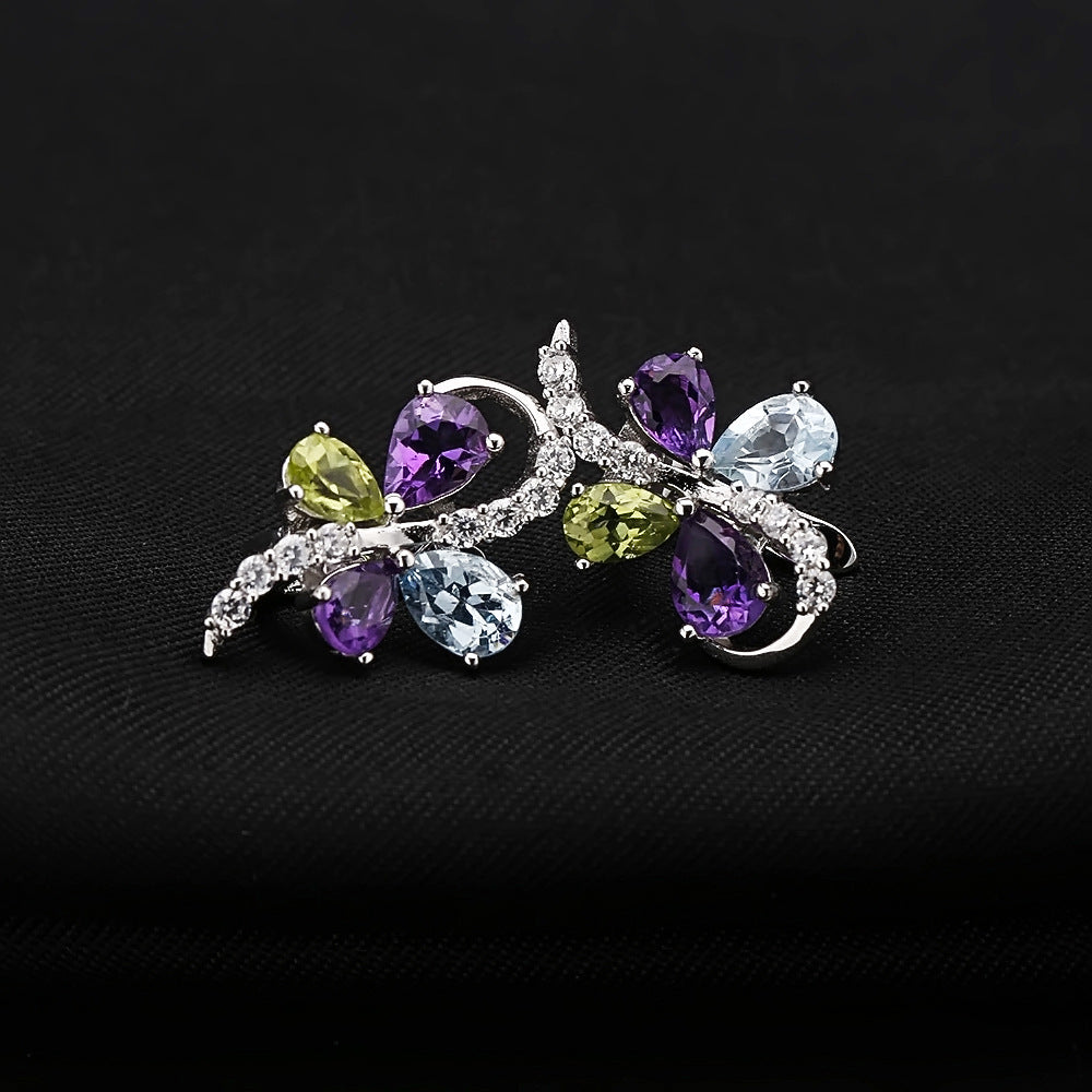 Natural gemstone earrings, high-end butterfly shaped gemstone 925 silver earrings and earrings