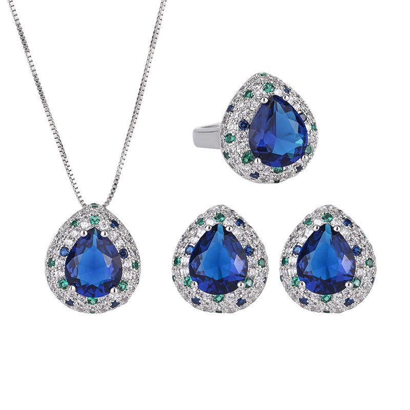 Imitation Tanzania Sapphire Drop Shape Color-Blocked Ring Stud Earrings Pendant Set 10*12