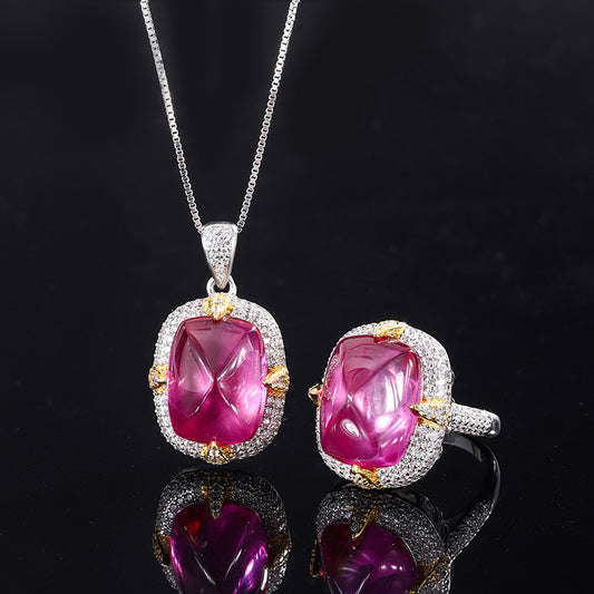 S925 Silver Imitation Colored Gemstone Rose Red Square Sugar Tower Full Diamond Pendant Ring Set Main 12*16