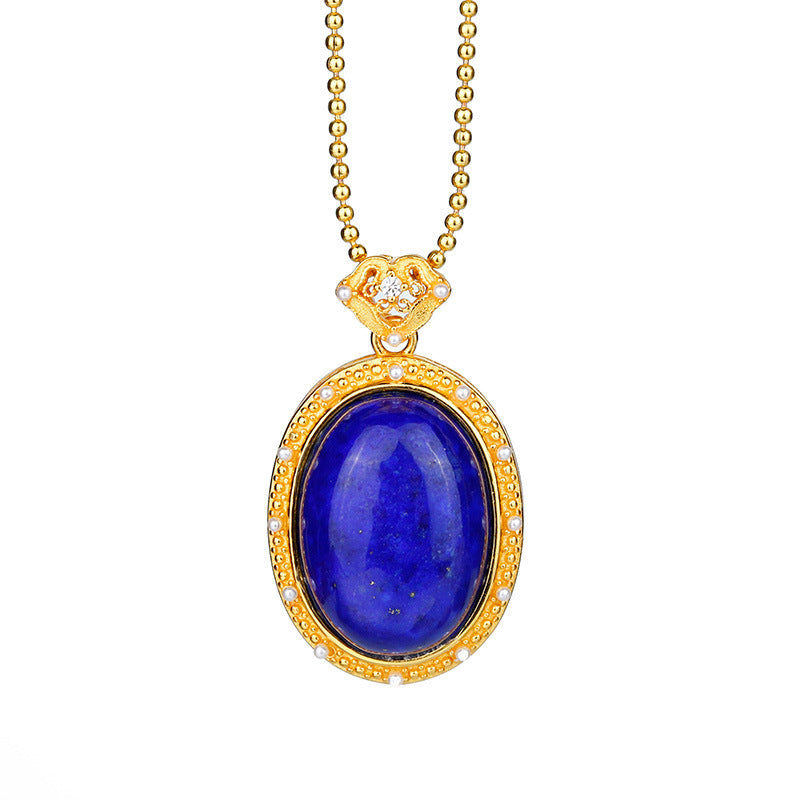 S925 sterling silver gold-plated lapis lazuli cabochon pendant