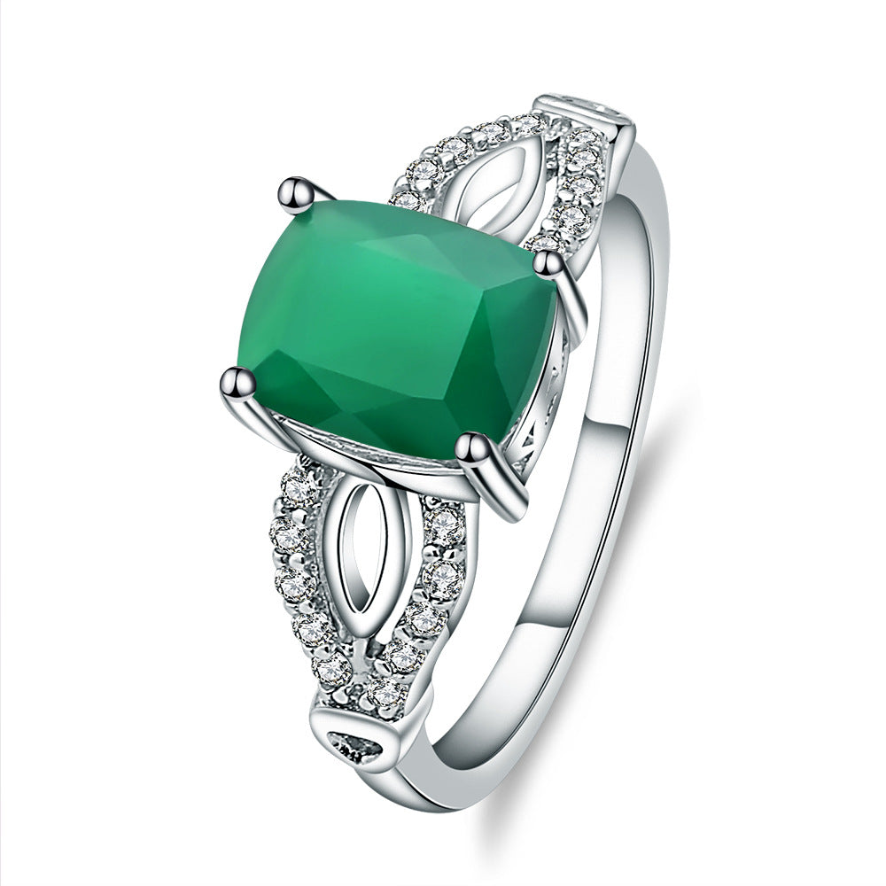 Natural colored gemstone green agate ring Personality 925 sterling silver square gemstone ring