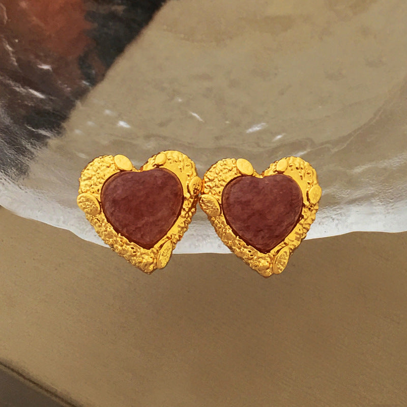 [DF] Pendientes de botón con forma de corazón de amor de piedra natural rosa suave con temperamento de aguja de plata S925 originales, pendientes de nicho de estilo Hong Kong de primera calidad