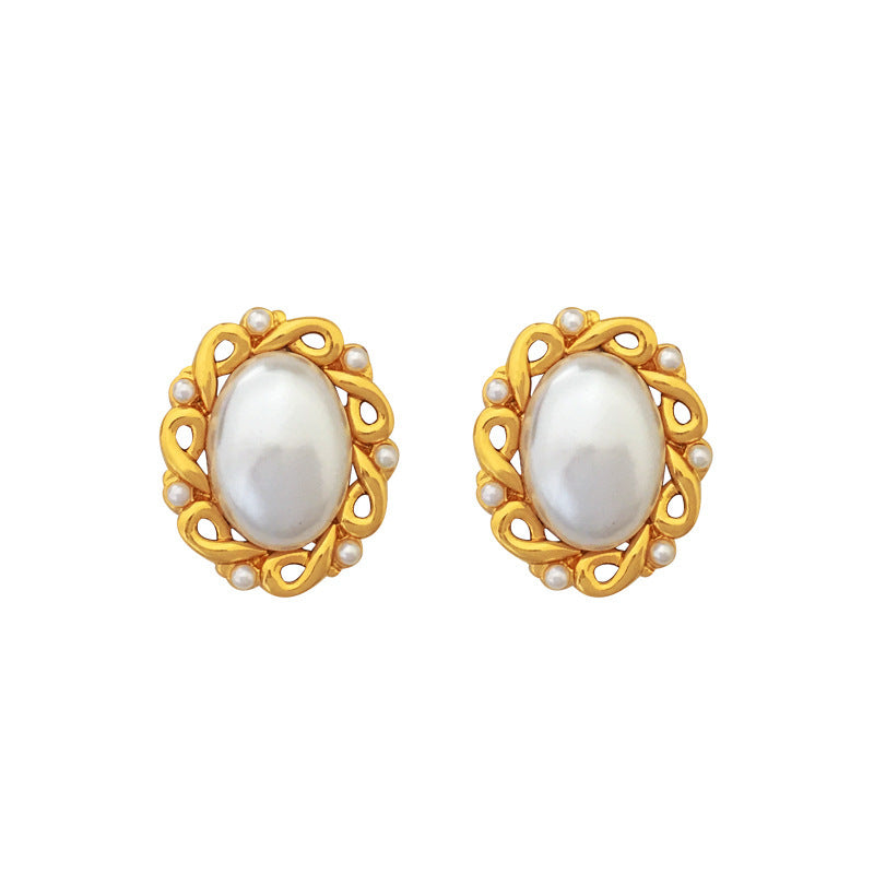 [DF]Original S925 silver needle retro hollow pearl earrings temperament oval earrings elegant palace wind earrings