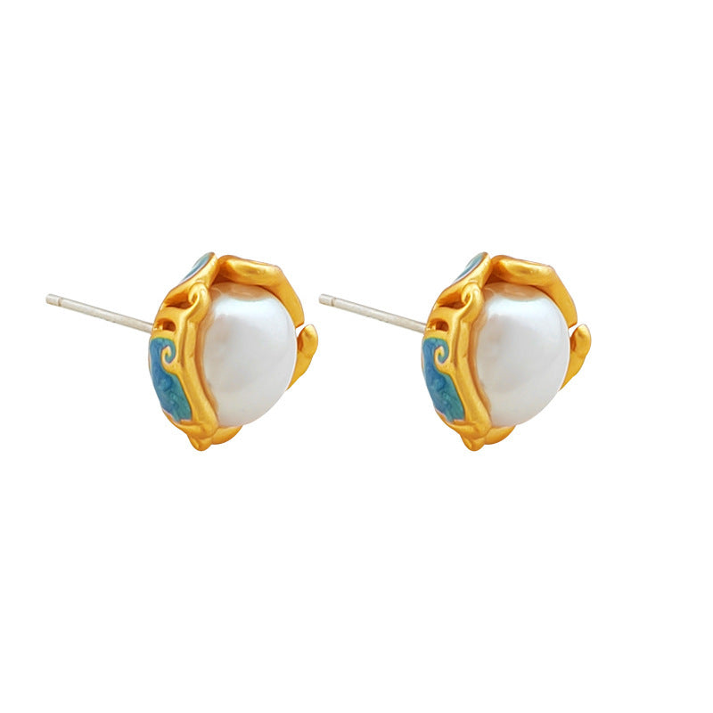 [DF]Copper plated real gold S925 silver needle literary vintage blue background drip oil stud earrings premium sense cultured pearl earrings women