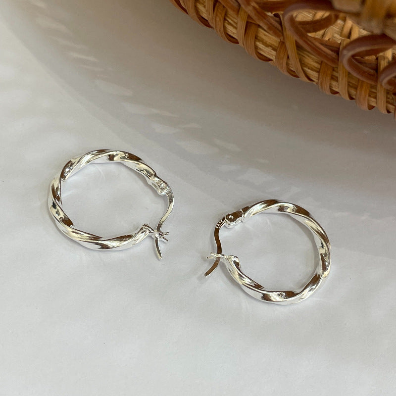 [DF] Boucles d'oreilles cercle en spirale pour femmes - Style coréen géométrique vintage tendance - Argent sterling S925 - Nouveaux poignets d'oreille à la mode minimaliste