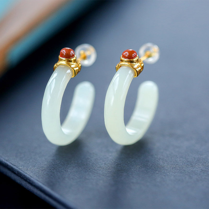 S925 silver inlaid and tian white jade blue jade southern red agate embellishment circular ring C-shaped buckle earrings