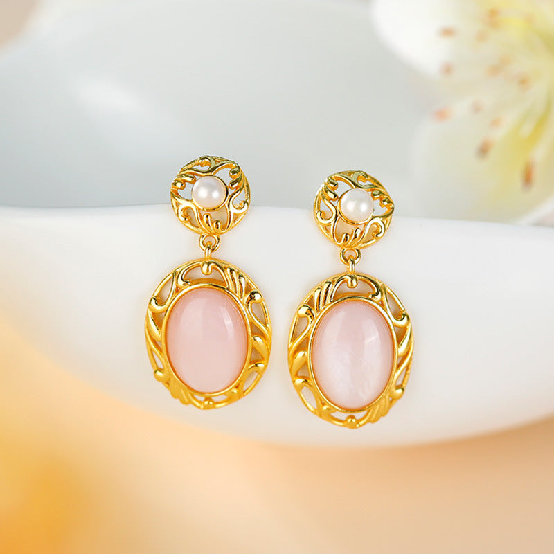 S925 Silver Set Pink Bell Earrings Vintage Earrings Pink Egg Face Earrings