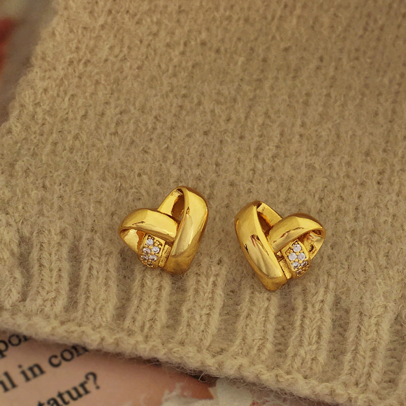 [DF] Pendientes con diseño de nudo de temperamento con aguja de plata S925 chapados en oro genuino de cobre, pendientes con estilo de inserción de amor, pendientes de circonita