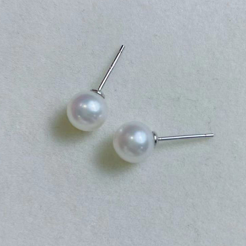 [DF]Radiant Glow: Sterling Silver Akoya Pearl Stud Earrings - 6-8mm Round Luminescent Pearls