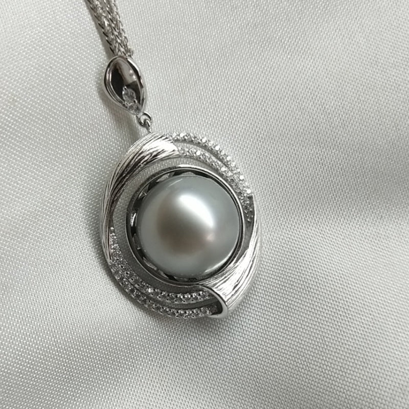 Colgante de perla redonda de plata 925 de Tahití Sea Pearl de 12-13 mm y color gris