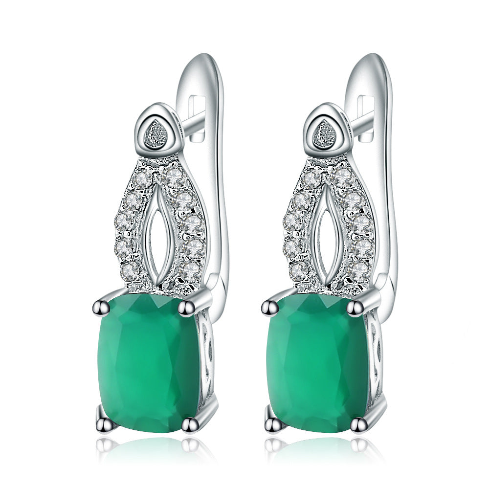 Boucles d'oreilles en pierre naturelle agate verte tempérament mode boucles d'oreilles en argent s925 plaqué or incrustées de pierres précieuses et de cristaux