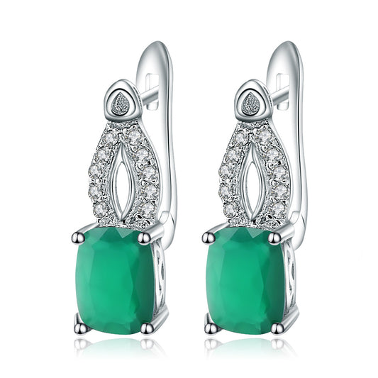 Pendientes de temperamento de ágata verde de piedra natural, pendientes de moda s925 de plata chapados en oro con incrustaciones de piedras preciosas y cristales