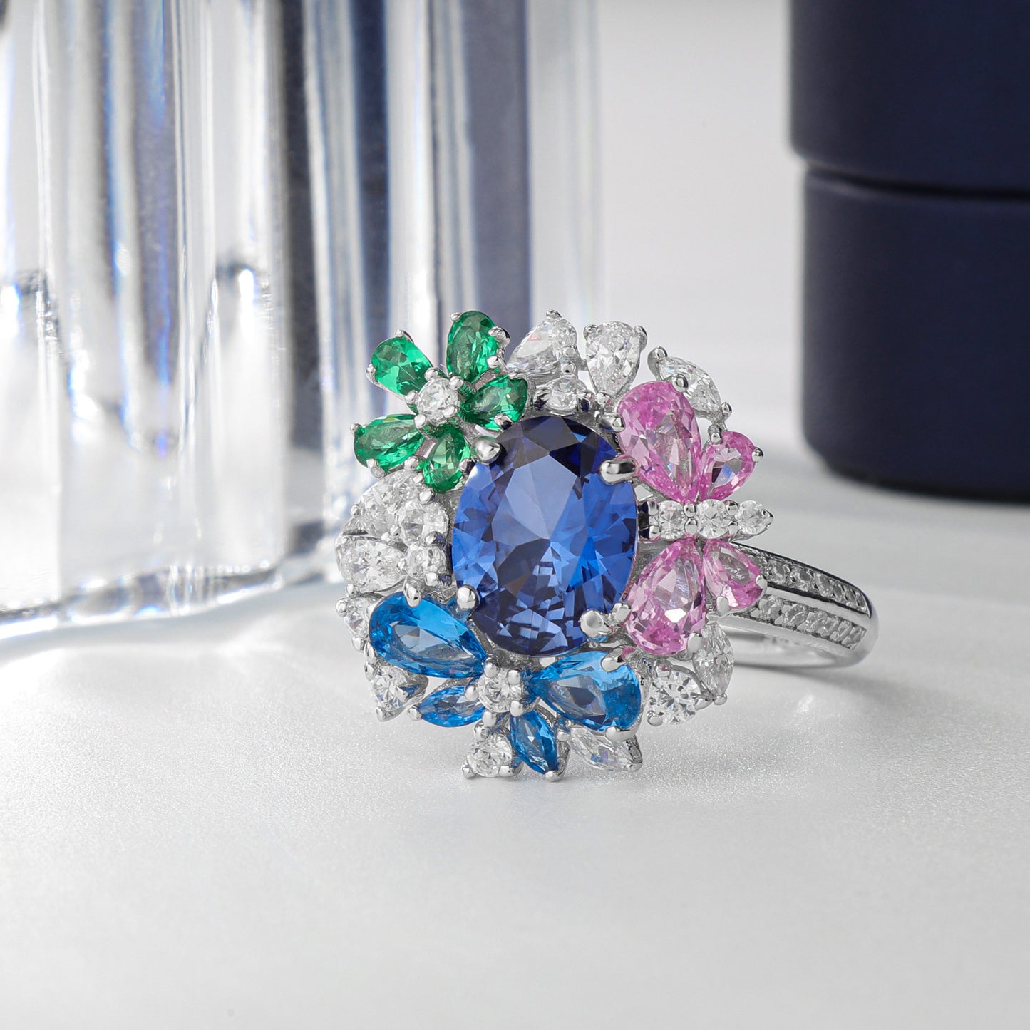 925 sterling silver gemstone ring with full diamond and high-end butterfly flower colored treasure ring