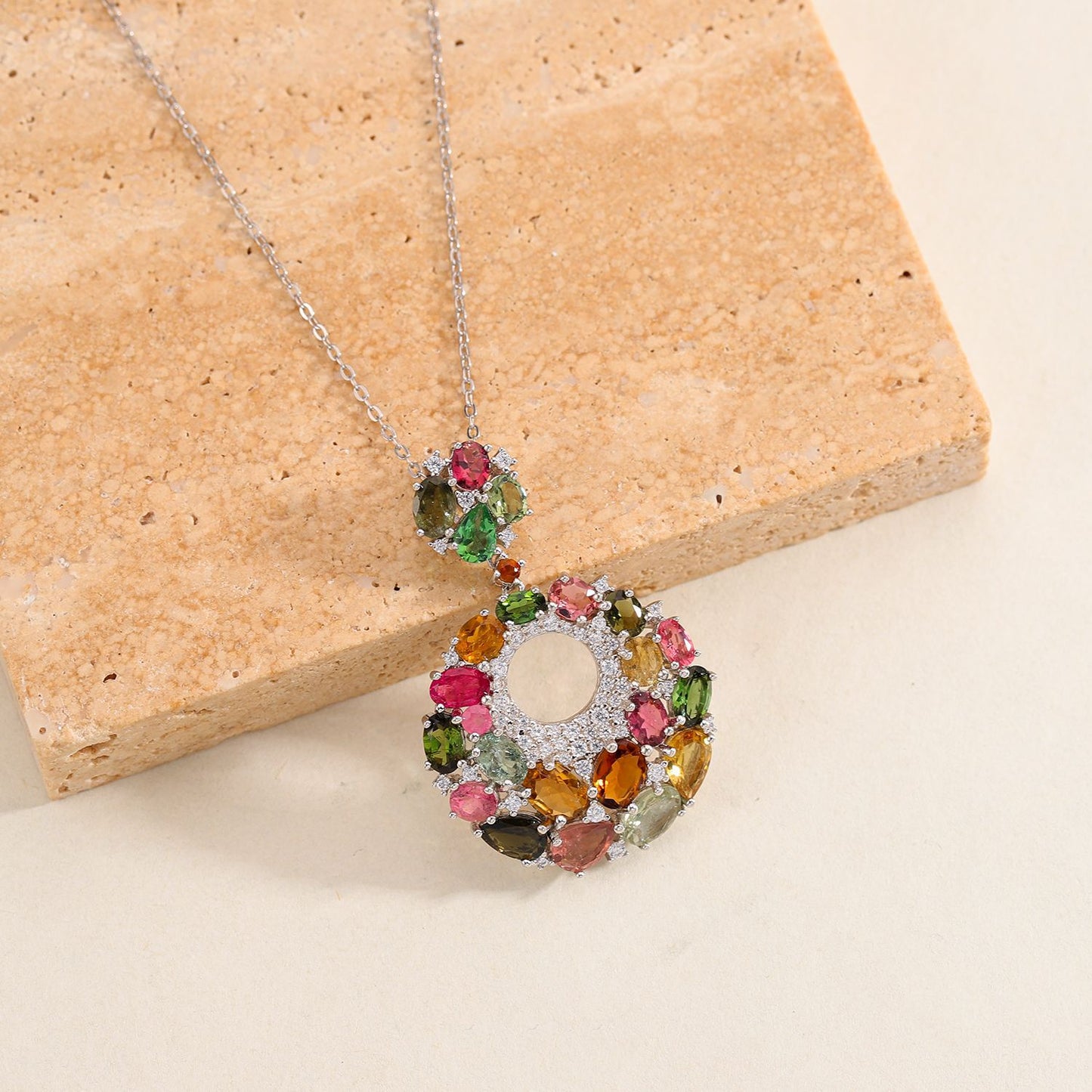 New Unique Natural Tourmaline Earrings Necklace, Pure Silver Luxury Group Set with Colorful Gemstone Pendant Jewelry Set