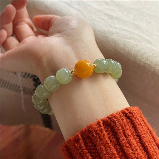 Pulsera de jade hetiano natural con cuentas de tipo antiguo Qingshui y cuentas de transporte de cera de abejas